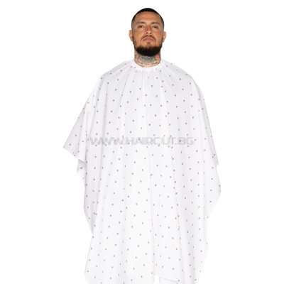 THE BARBER CAPE, BARBER SHIELD WHITE - ПРЕМИУМ ПЕЛЕРИНА, БЯЛА С  ЛОГО В ЧЕРВЕНО И СИНЬО