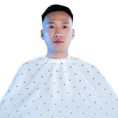 THE BARBER CAPE, BARBER SHIELD WHITE - ПРЕМИУМ ПЕЛЕРИНА, БЯЛА С  ЛОГО В ЧЕРВЕНО И СИНЬО