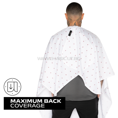 THE BARBER CAPE, BARBER SHIELD WHITE - ПРЕМИУМ ПЕЛЕРИНА, БЯЛА С  ЛОГО В ЧЕРВЕНО И СИНЬО