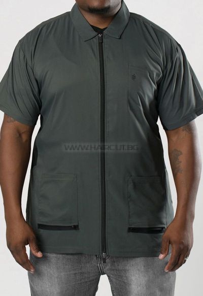 THE BARBER JACKET GREY - ПРОФЕСИОНАЛНА РАБОТНА РИЗА С КЪС РЪКАВ, ТЪМНОСИВА С ЛОГО
