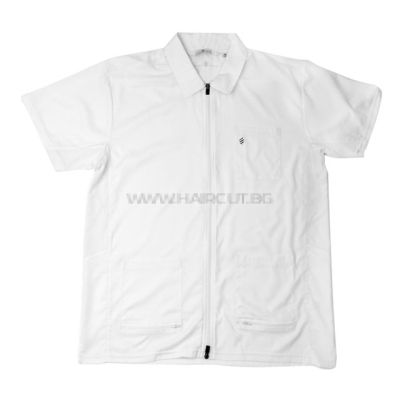 THE BARBER JACKET WHITE - ПРОФЕСИОНАЛНА РАБОТНА РИЗА С КЪС РЪКАВ, БЯЛА С ЛОГО