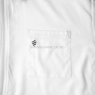 THE BARBER JACKET WHITE - ПРОФЕСИОНАЛНА РАБОТНА РИЗА С КЪС РЪКАВ, БЯЛА С ЛОГО