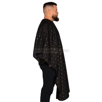 THE BARBER CAPE, BARBER SHIELD BLACK/GOLD - ПРЕМИУМ ПЕЛЕРИНА, ЧЕРНА С ЛОГО В ЗЛАТЕН МЕТАЛИК