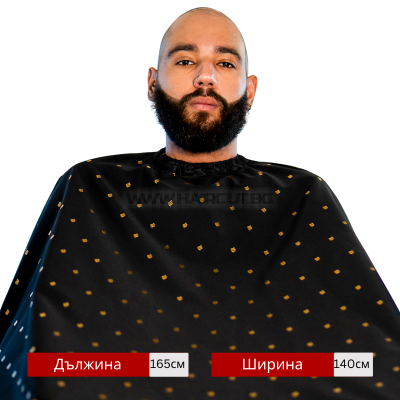 THE BARBER CAPE, BARBER SHIELD BLACK/GOLD - ПРЕМИУМ ПЕЛЕРИНА, ЧЕРНА С ЛОГО В ЗЛАТЕН МЕТАЛИК