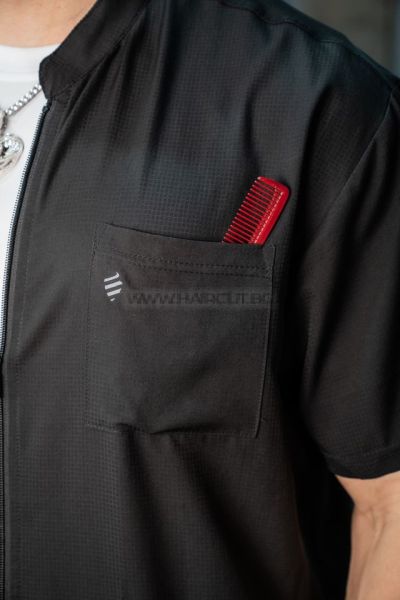 THE MODERN BARBER JACKET - ПРОФЕСИОНАЛНА РАБОТНА РИЗА С КЪС РЪКАВ, ЧЕРНА С ЛОГО