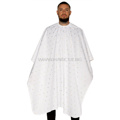 THE BARBER CAPE, BARBER SHIELD WHITE/GOLD - ПРЕМИУМ ПЕЛЕРИНА, БЯЛА С ЛОГО В ЗЛАТЕН МЕТАЛИК