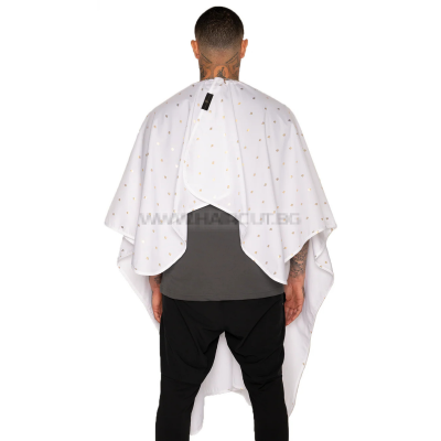 THE BARBER CAPE, BARBER SHIELD WHITE/GOLD - ПРЕМИУМ ПЕЛЕРИНА, БЯЛА С ЛОГО В ЗЛАТЕН МЕТАЛИК