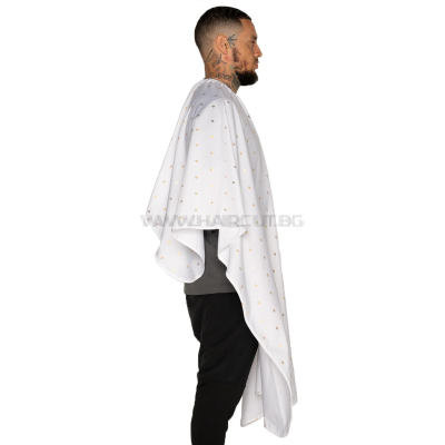 THE BARBER CAPE, BARBER SHIELD WHITE/GOLD - ПРЕМИУМ ПЕЛЕРИНА, БЯЛА С ЛОГО В ЗЛАТЕН МЕТАЛИК