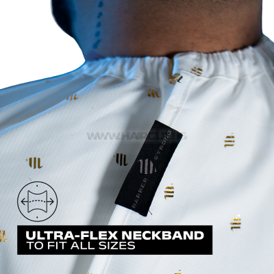 THE BARBER CAPE, BARBER SHIELD WHITE/GOLD - ПРЕМИУМ ПЕЛЕРИНА, БЯЛА С ЛОГО В ЗЛАТЕН МЕТАЛИК